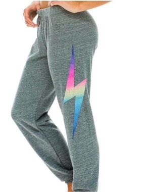Aviator Nation Gray Joggers with Rainbow Lightning Bolt